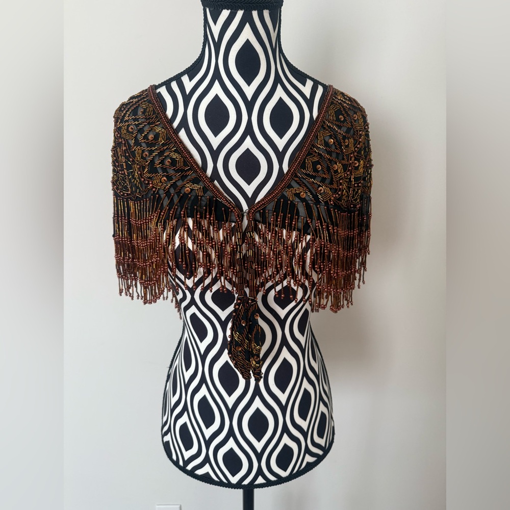 Gorgeous Vintage 70s 80s Sequin & Beaded Art Deco Shawl Capelet Rose Gold Bronze - Picture 13 of 15